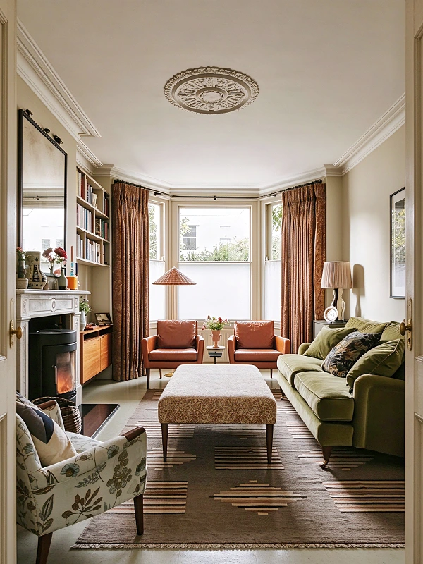 long narrow living room with lighting