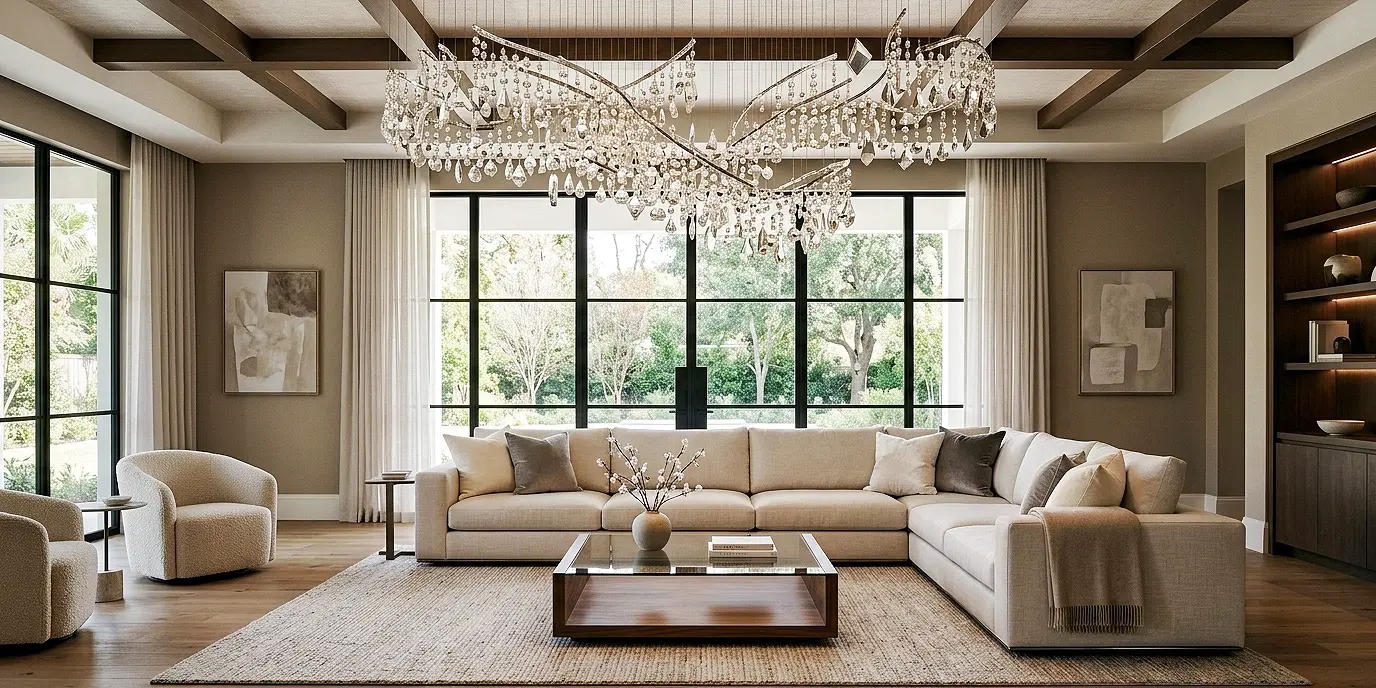 luxury living room with statement chandelier