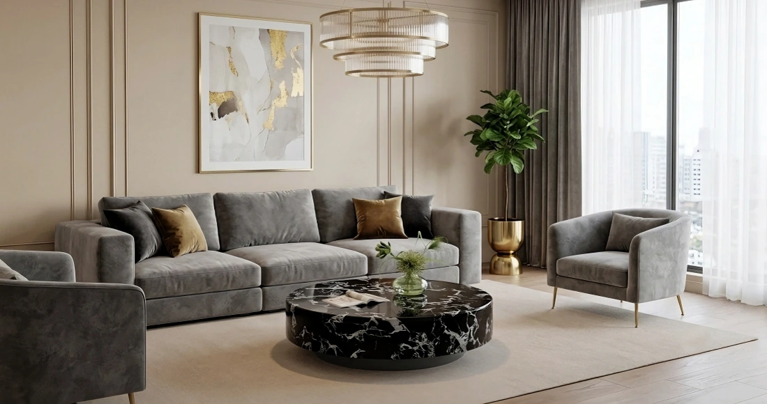 marble coffee table with grey sofa