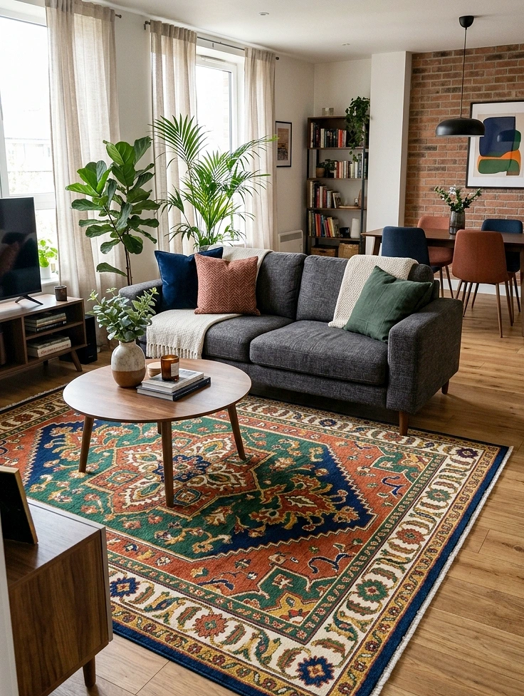 Open-Concept Living Room with Grey Sofa