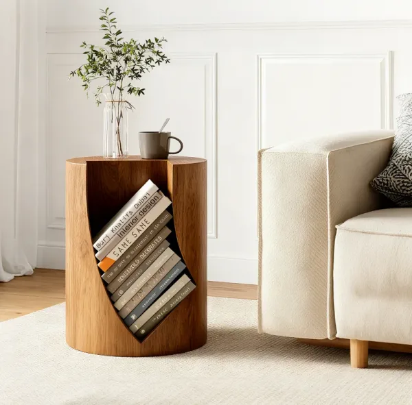 Round Wood Side Table with Open Storage for Couch