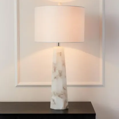 Modern Marble Alabaster Table Lamp with Linen Shade Image - 6
