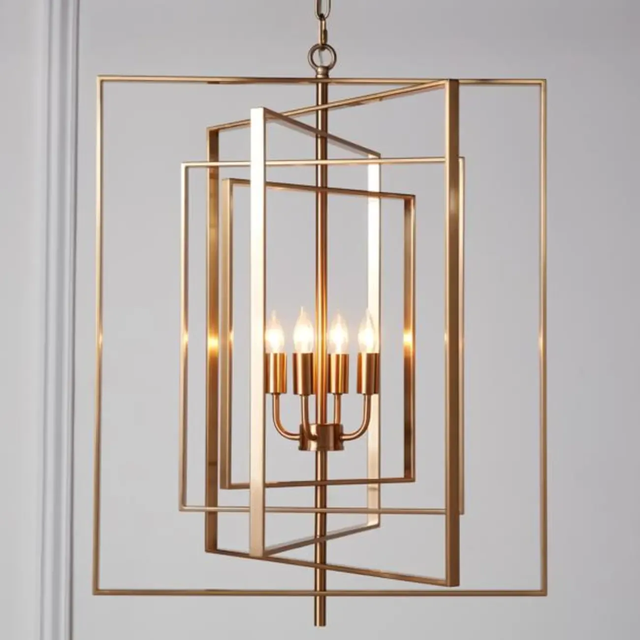 Modern Gold Rectangular Metal Cage Chandelier Image - 8
