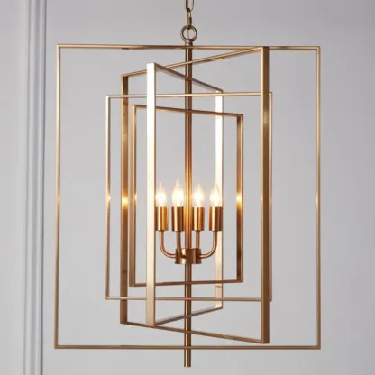 Modern Gold Rectangular Metal Cage Chandelier Image - 8