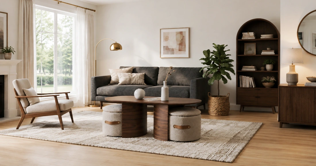 wood coffee table with grey sofa