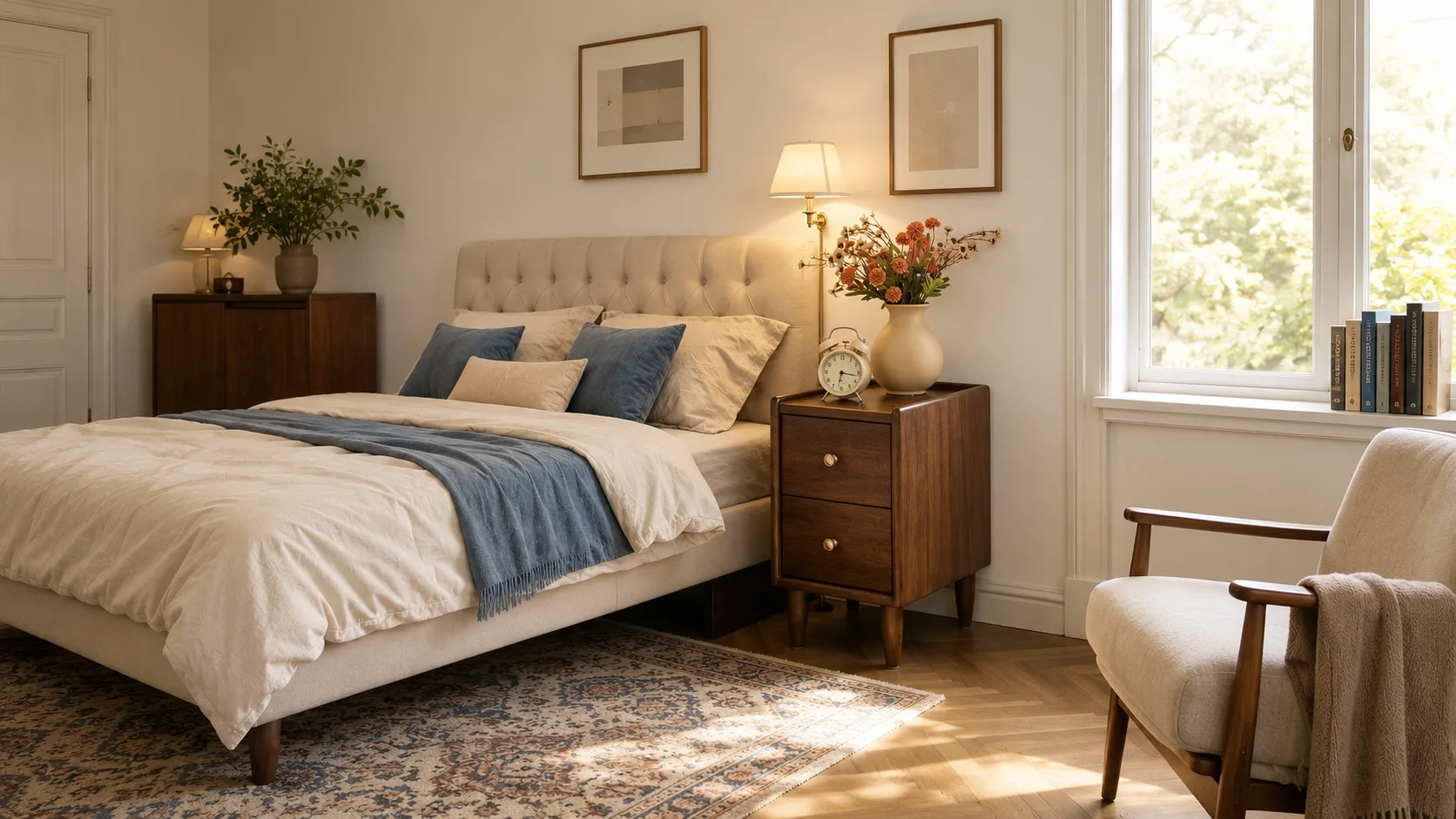 Walnut wood nightstand with beige bed