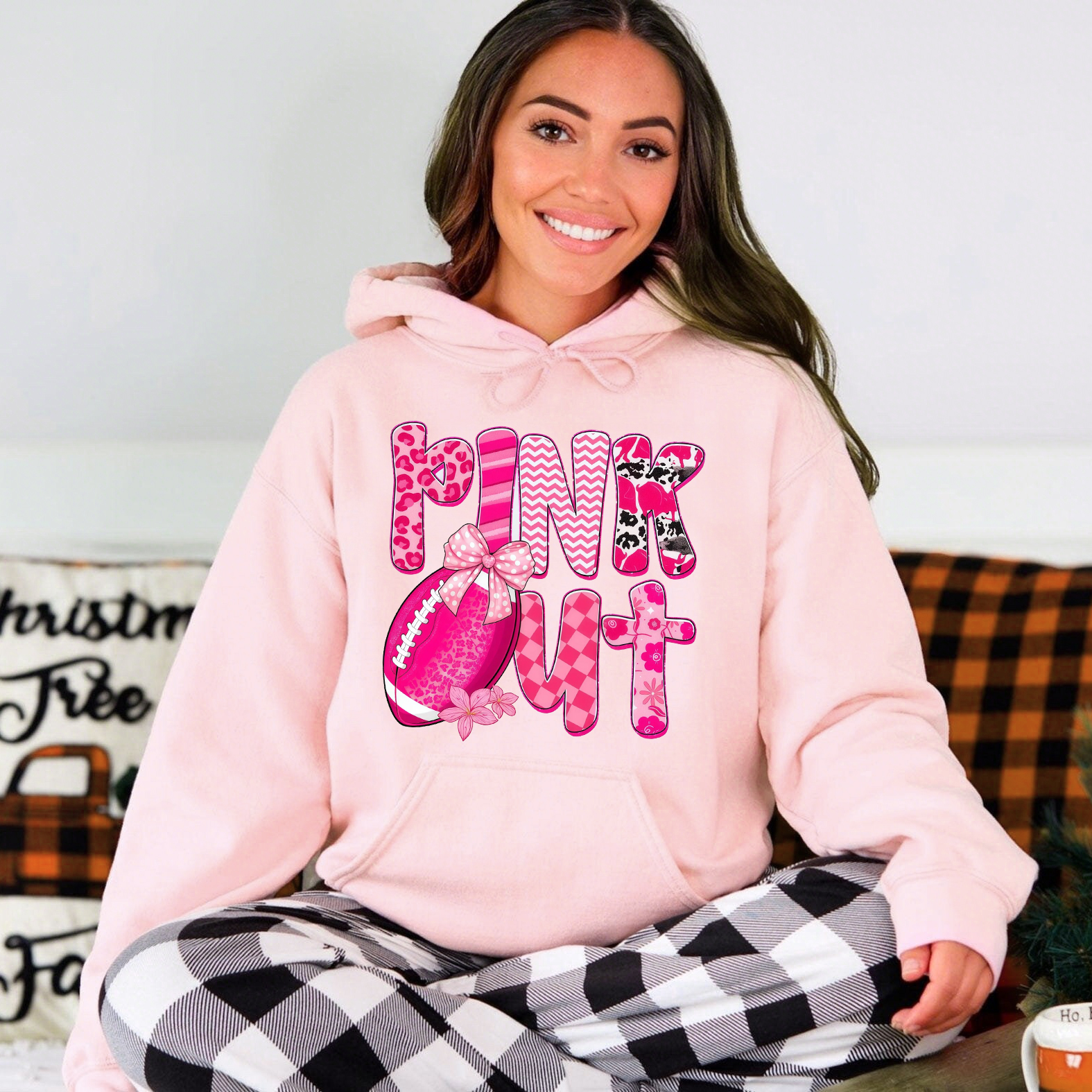 "Pink Out" Graphic Sweatshirt With Football And Bow Details