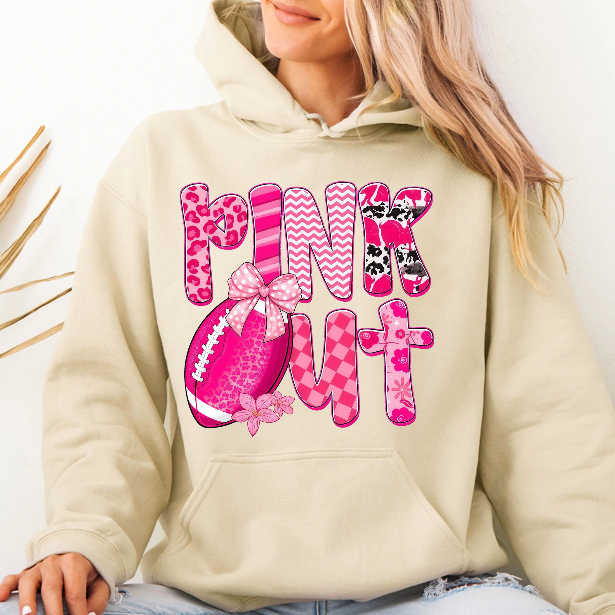 "Pink Out" Graphic Sweatshirt With Football And Bow Details