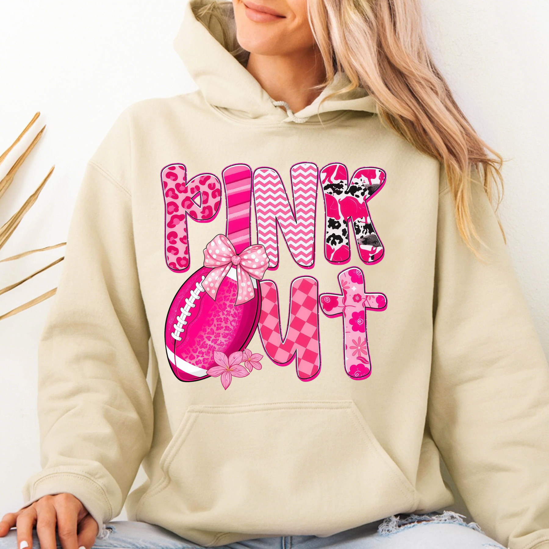 "Pink Out" Graphic Sweatshirt With Football And Bow Details