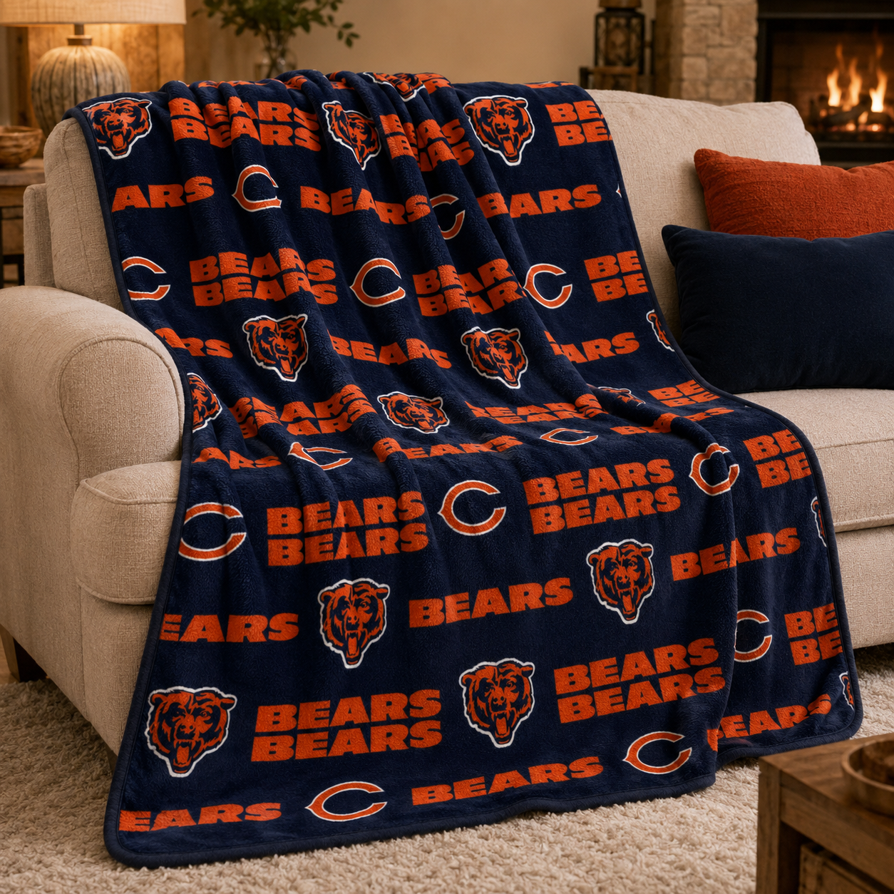 Chicago Football Navy & Orange Team Pattern Throw Blanket