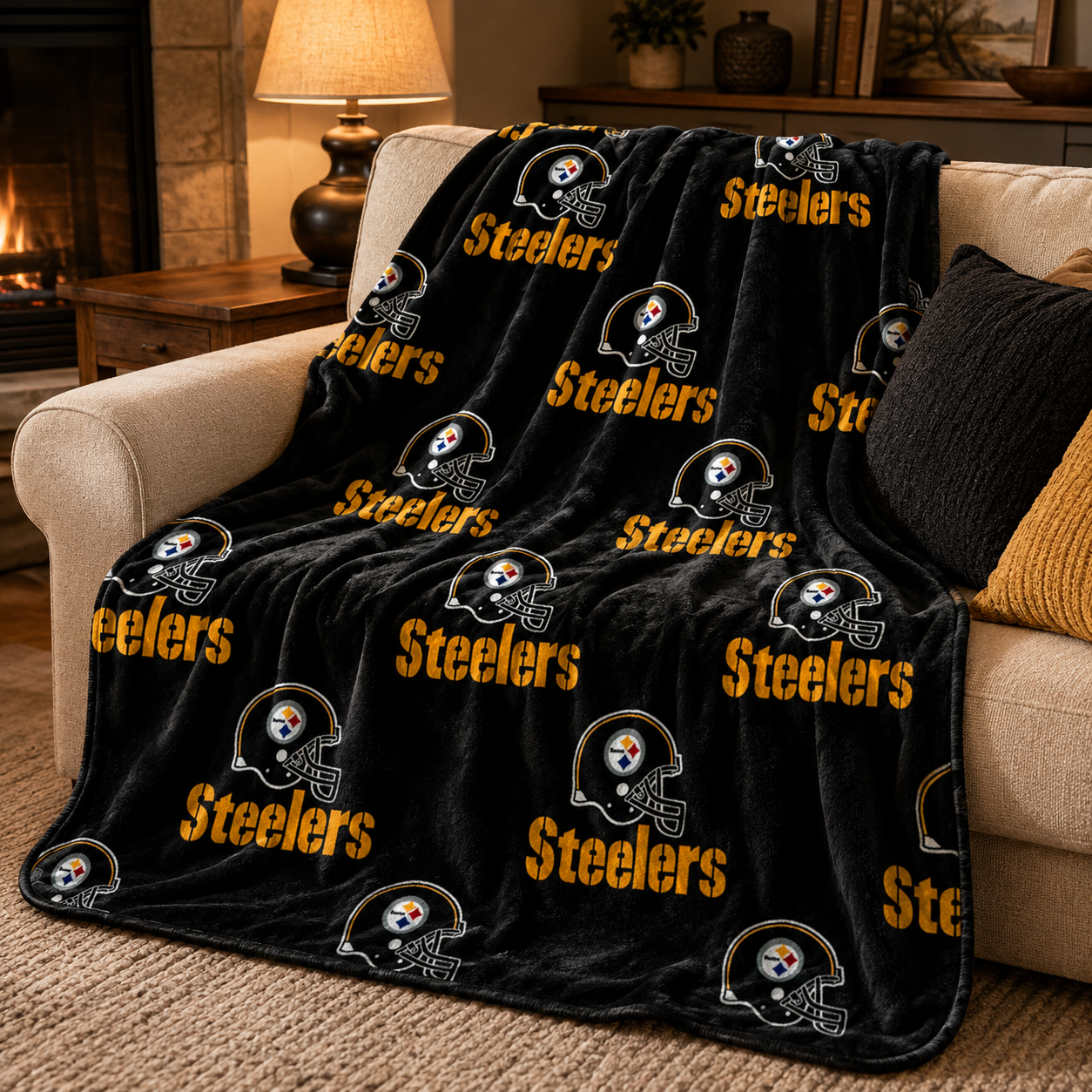 Pittsburgh Football Black & Gold Helmet Pattern Throw Blanket
