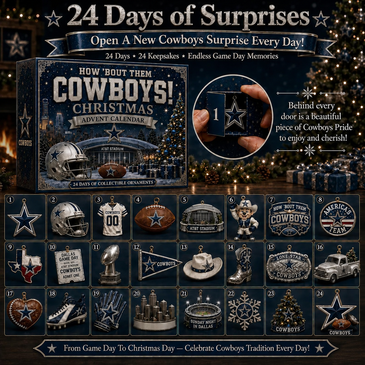 A close grid of all twenty-four ornaments in the set, each numbered one to twenty-four, from a silver star and a helmet through a jersey, a stadium, a pennant and a cowboy boot to a snowflake and a small decorated tree