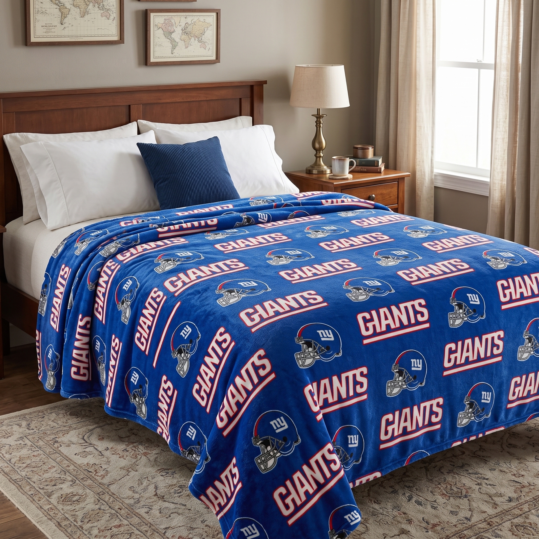 New York Football Blue & Red Helmet Pattern Throw Blanket