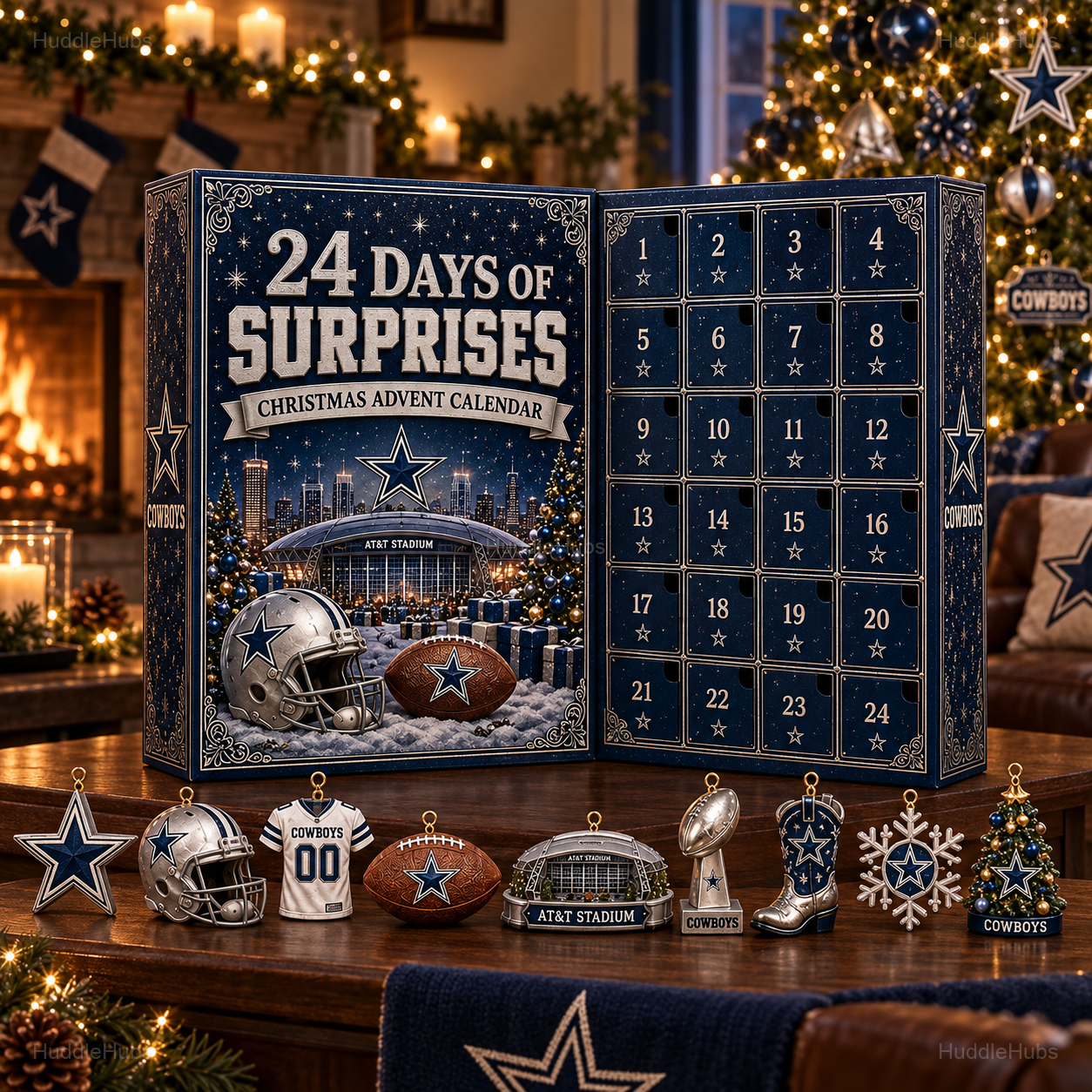 The open calendar standing on a mantelpiece with garland and stockings around it, its twenty-four ornaments lined up along the shelf in front of it and a lit tree beside it