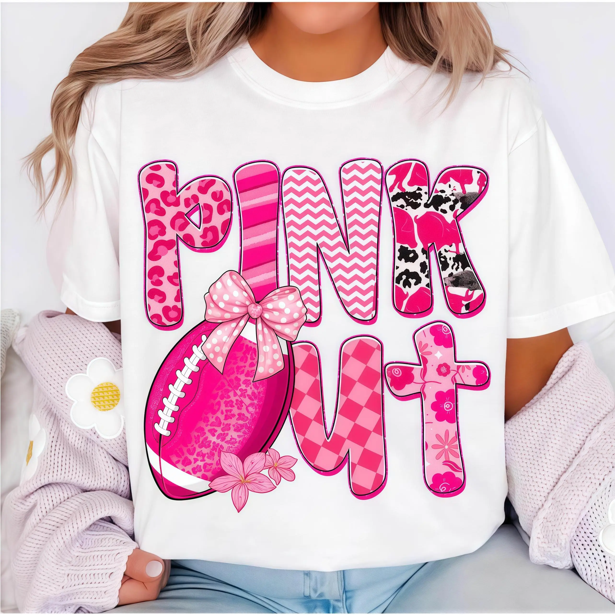 "Pink Out" Graphic Sweatshirt With Football And Bow Details