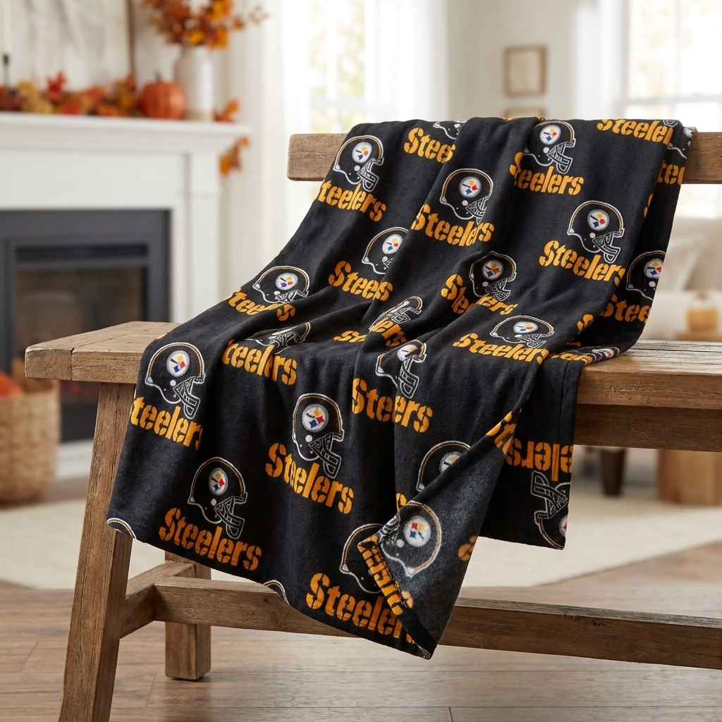 Pittsburgh Football Black & Gold Helmet Pattern Throw Blanket