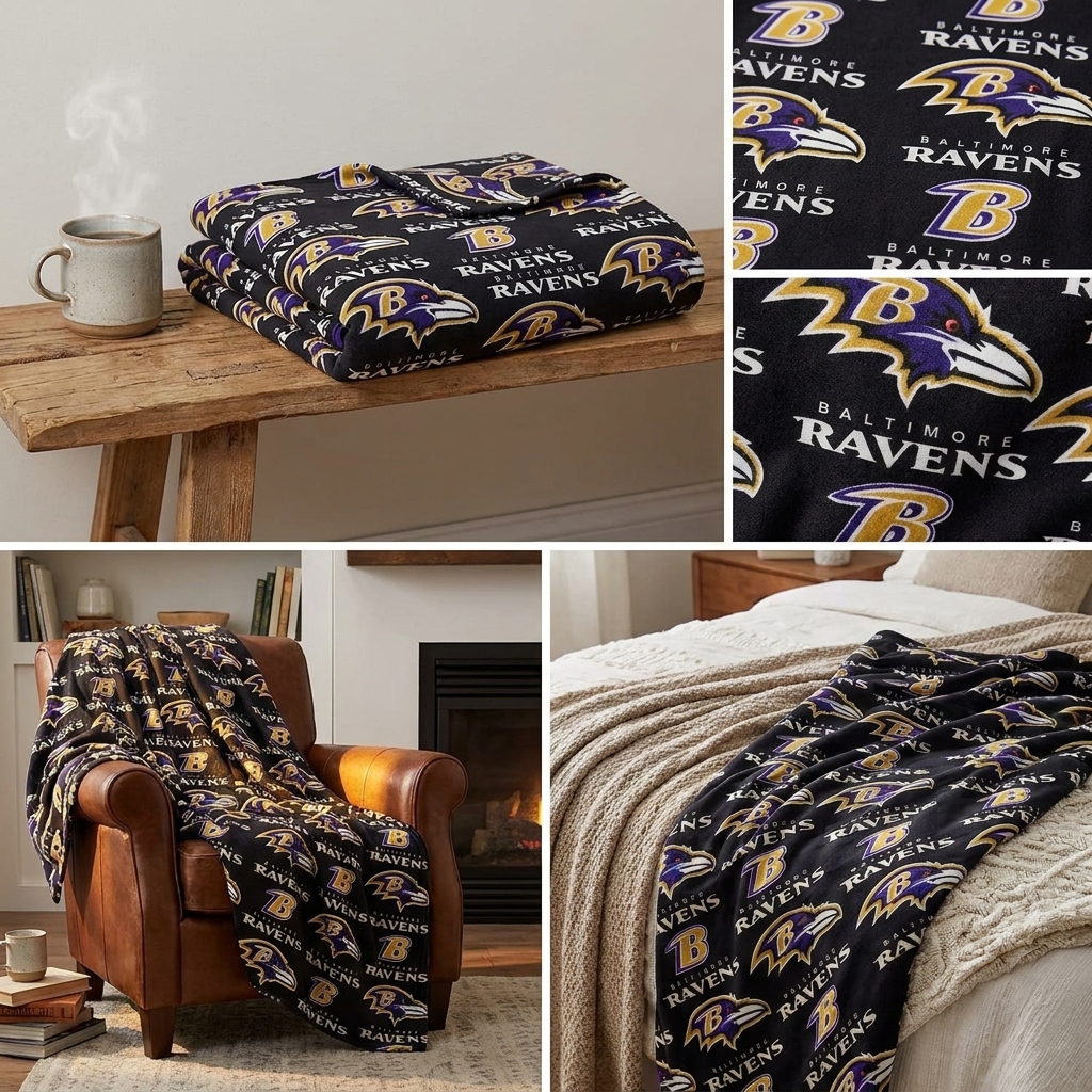 Baltimore Football Purple & Black Raven Pattern Throw Blanket