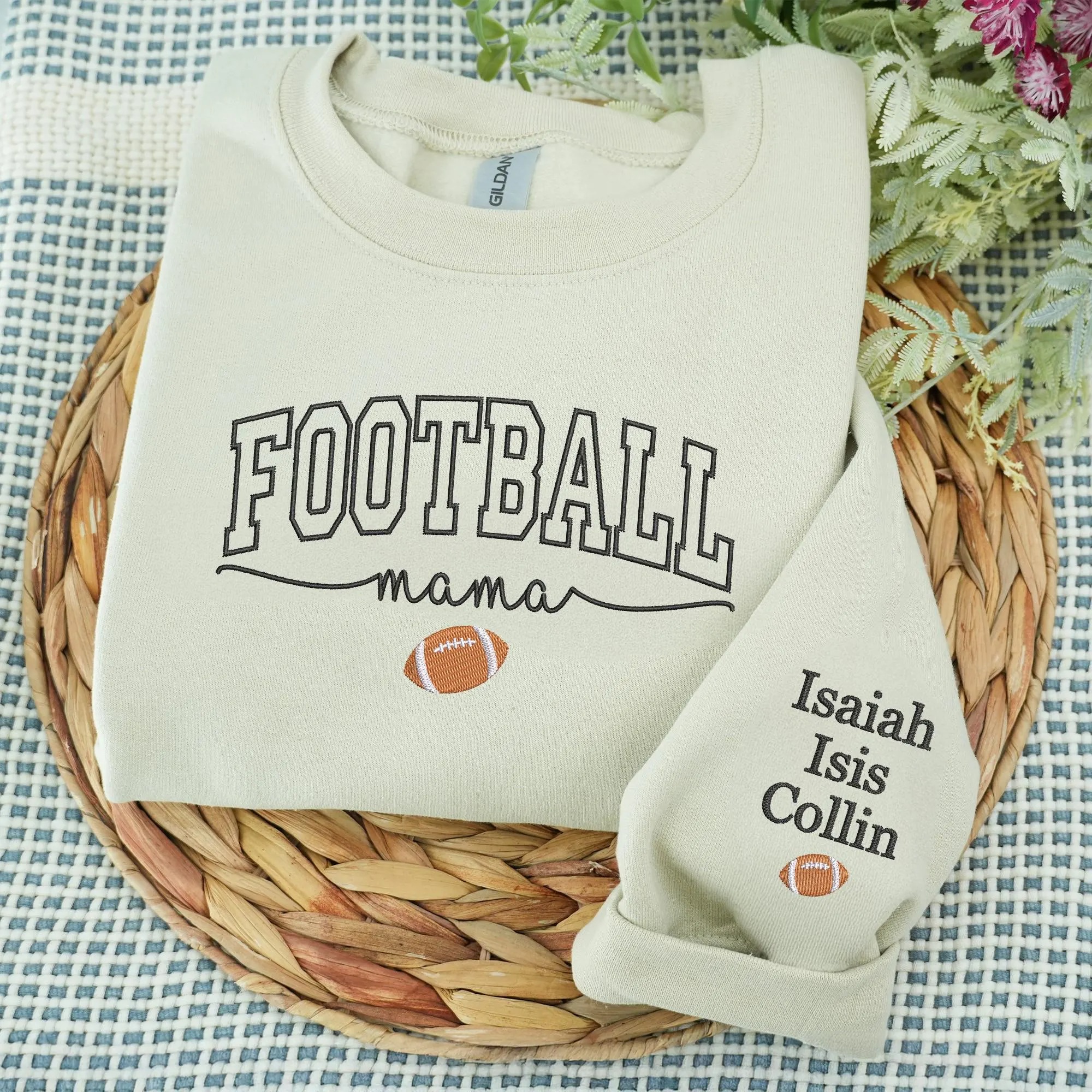 Custom Embroidered Football Mama Sweatshirt with Kids Names on Sleeve