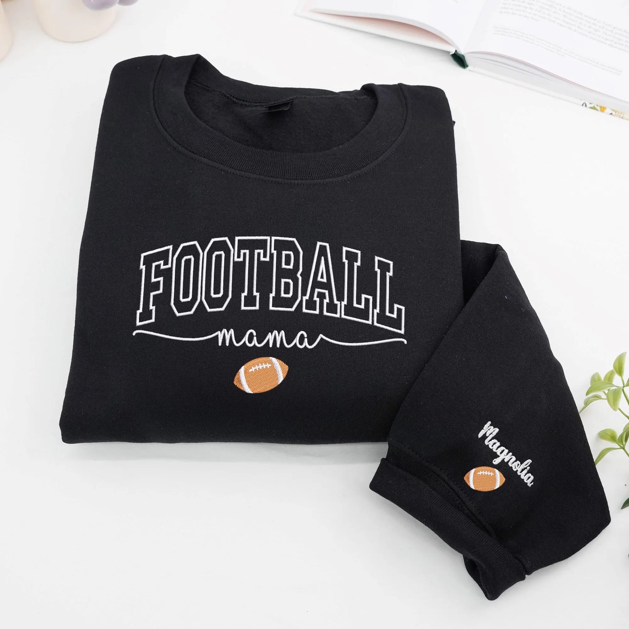 Custom Embroidered Football Mama Sweatshirt with Kids Names on Sleeve