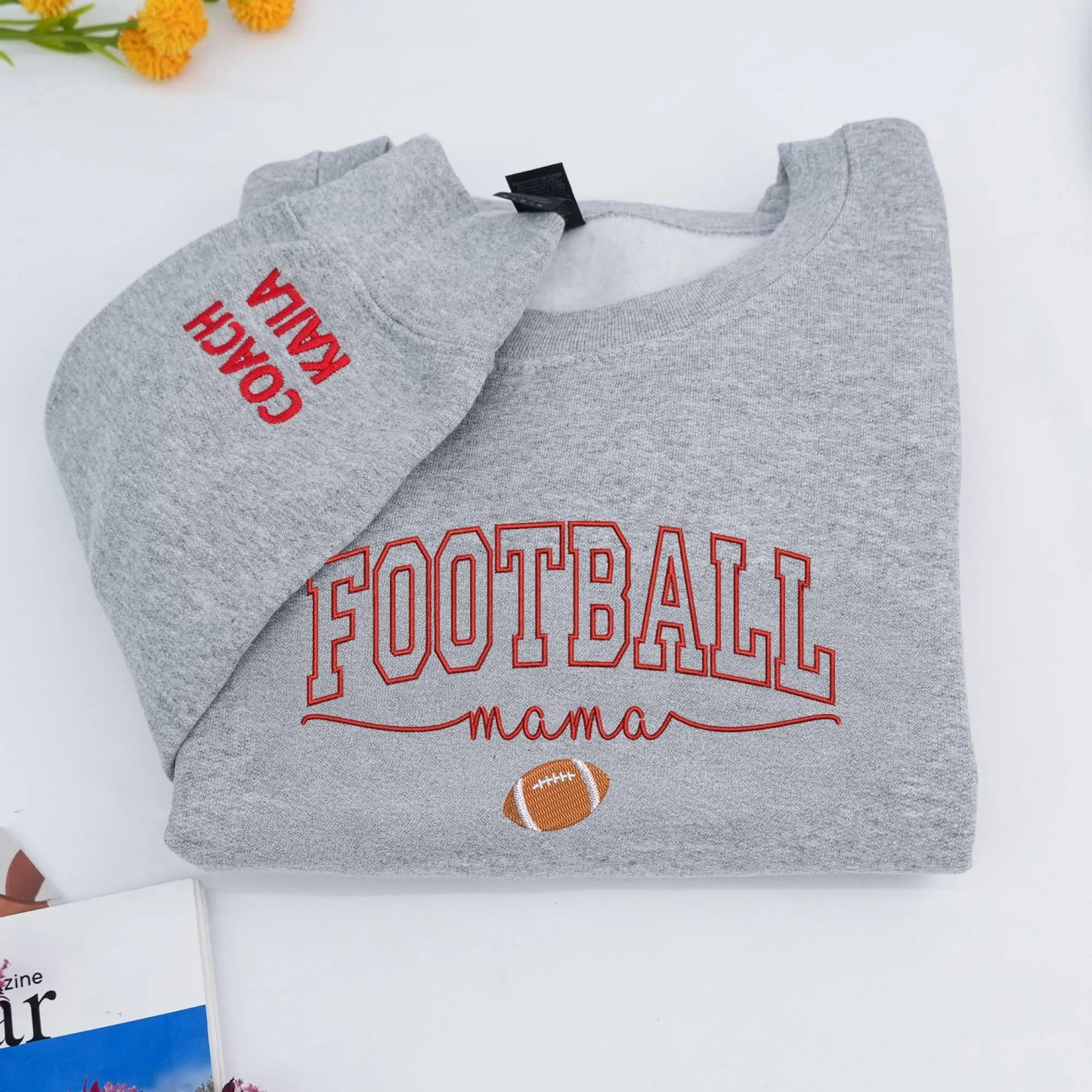 Custom Embroidered Football Mama Sweatshirt with Kids Names on Sleeve