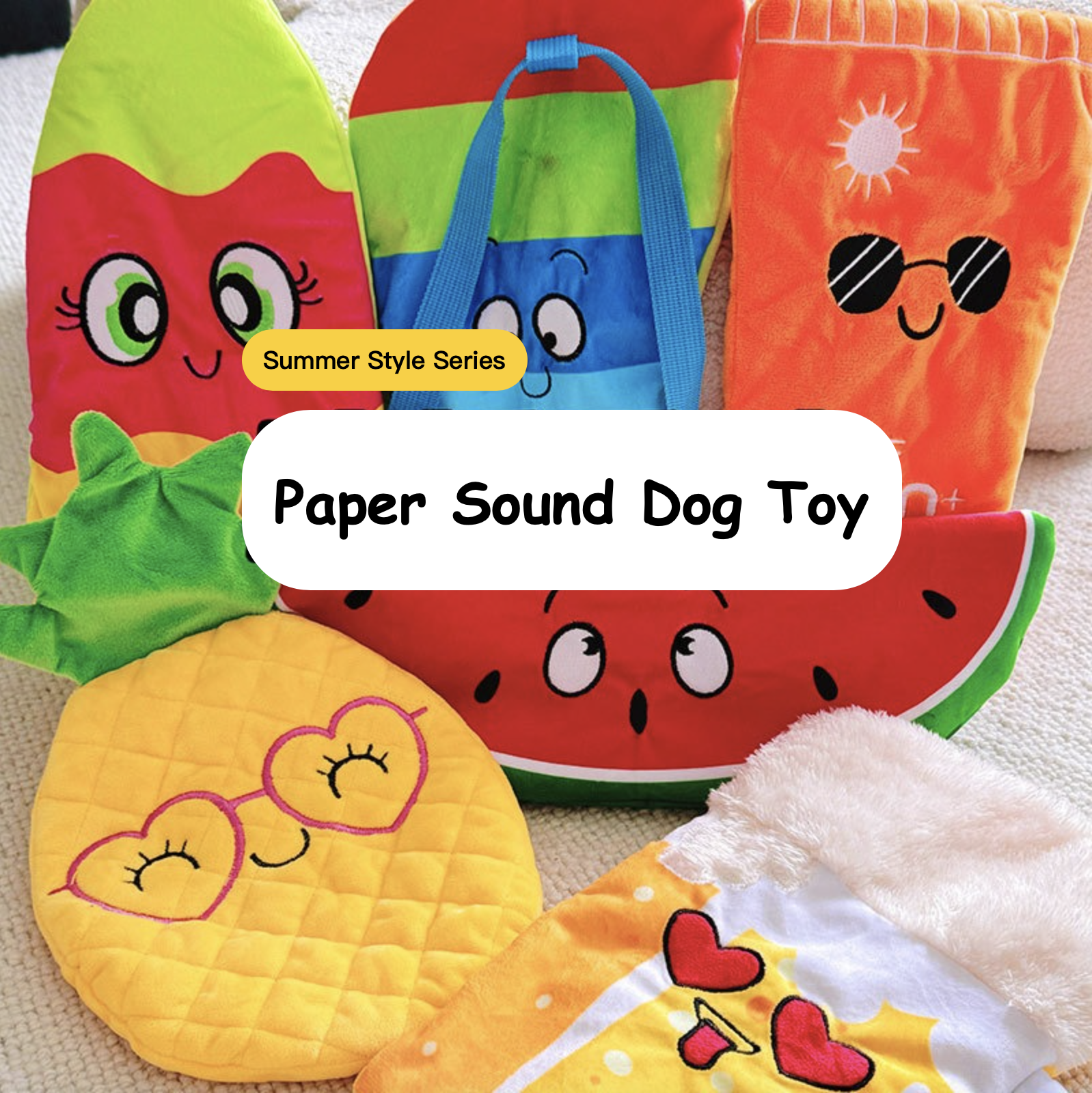 Summer Style Series Squeaky Paper Sound Dog Toy Shoe Watermelon Pineapple Beer Popsicle