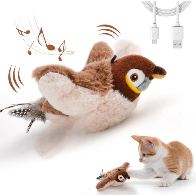 Smart Flapping Wings Sparrow Cat Toy Chirping Toys Touch Activated Rechargeable