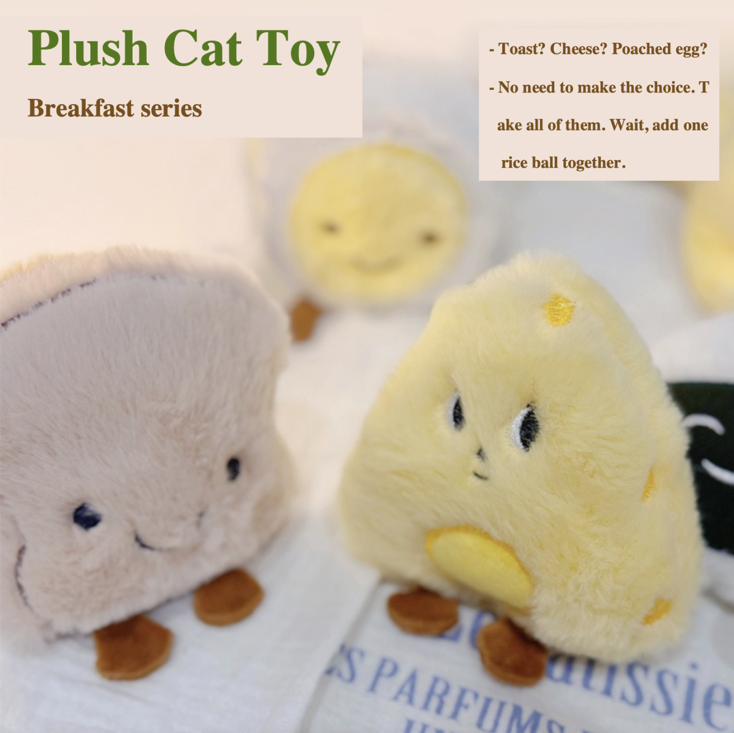 Breakfast Series Plush Cat Interactive Toy Contain Bell & Catnip Poached Egg Cheese Toast Rice Ball