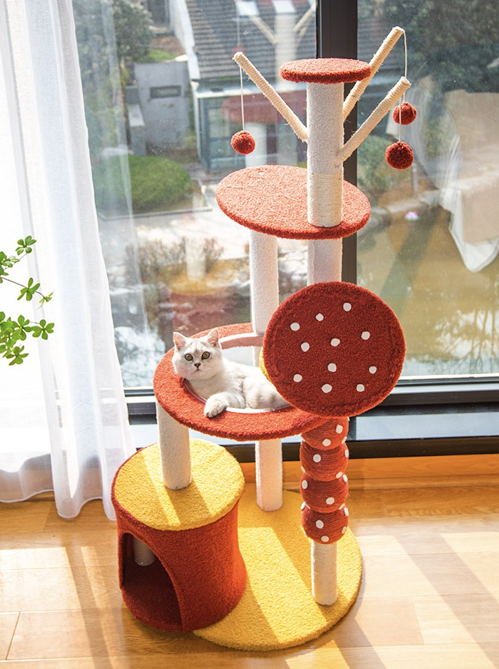 Novelty Style Candied Haws On A Stick Multi Layers Sisal Cat Tree With Hanging Ball Space Capsule Nest Cat House