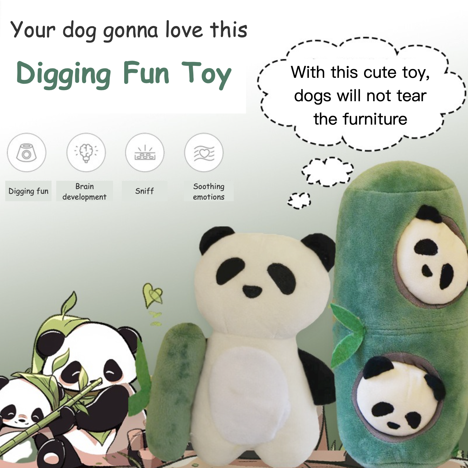 Dog Digging Fun Plush Toy Panda + Bamboo Set Paper Sound & BB Squeaky Toy