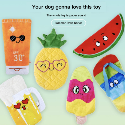 Summer Style Series Squeaky Paper Sound Dog Toy Shoe Watermelon Pineapple Beer Popsicle