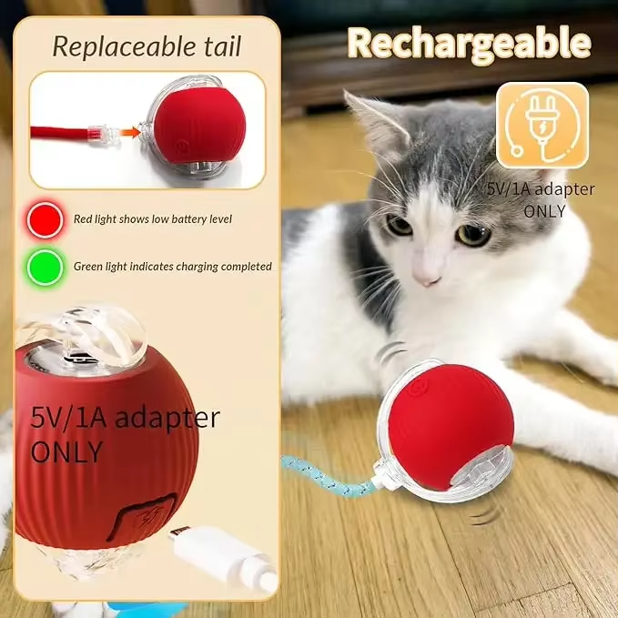 Interactive Cat Toys Ball With Replaceable Tail Automatic Moving Cat Toys Ball ElectricIe Interactive Rolling Dog Ball