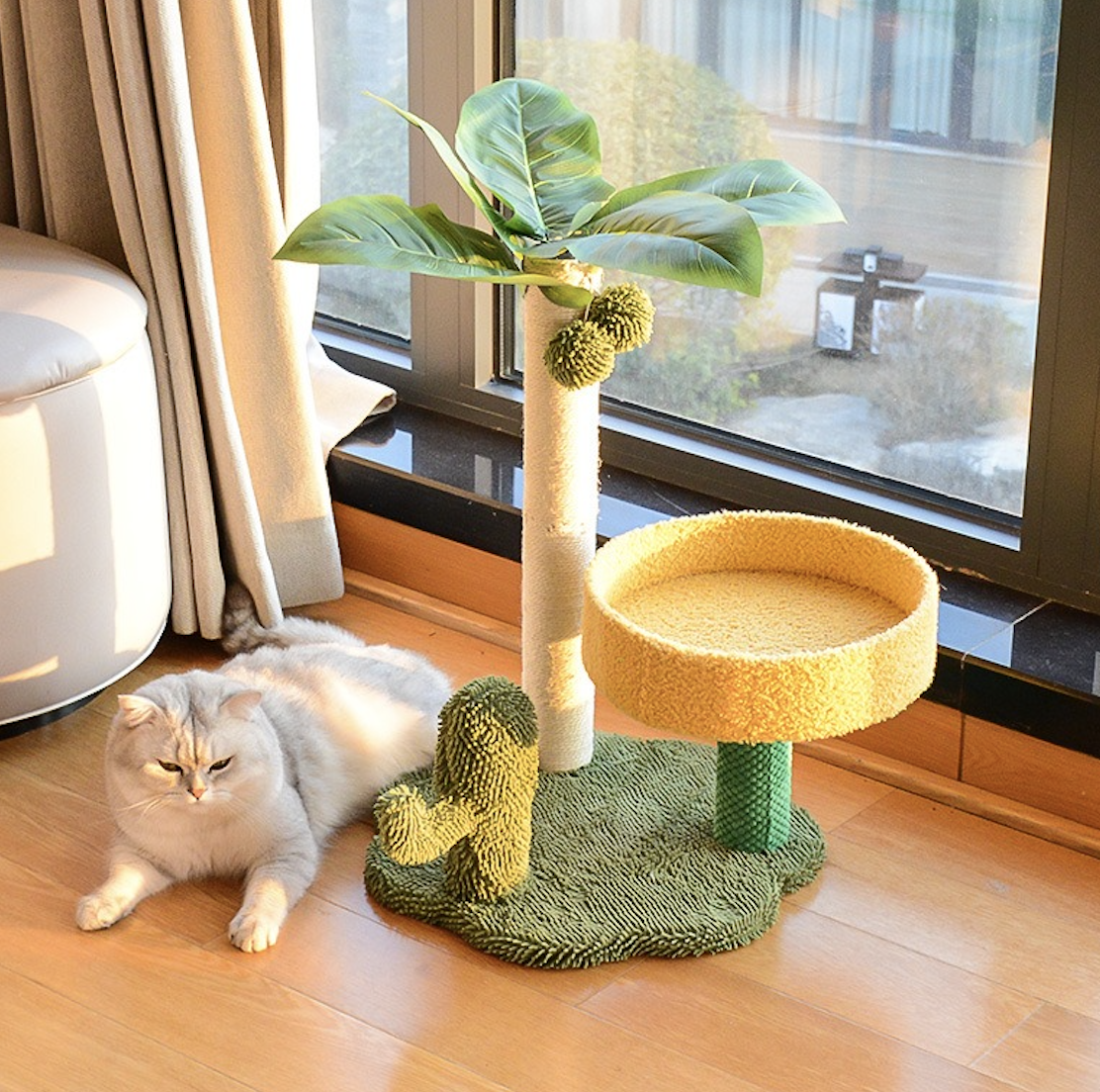 Cute Simulated Coconut Tree Cactus Scratching Post With Platform & Nest Large Space