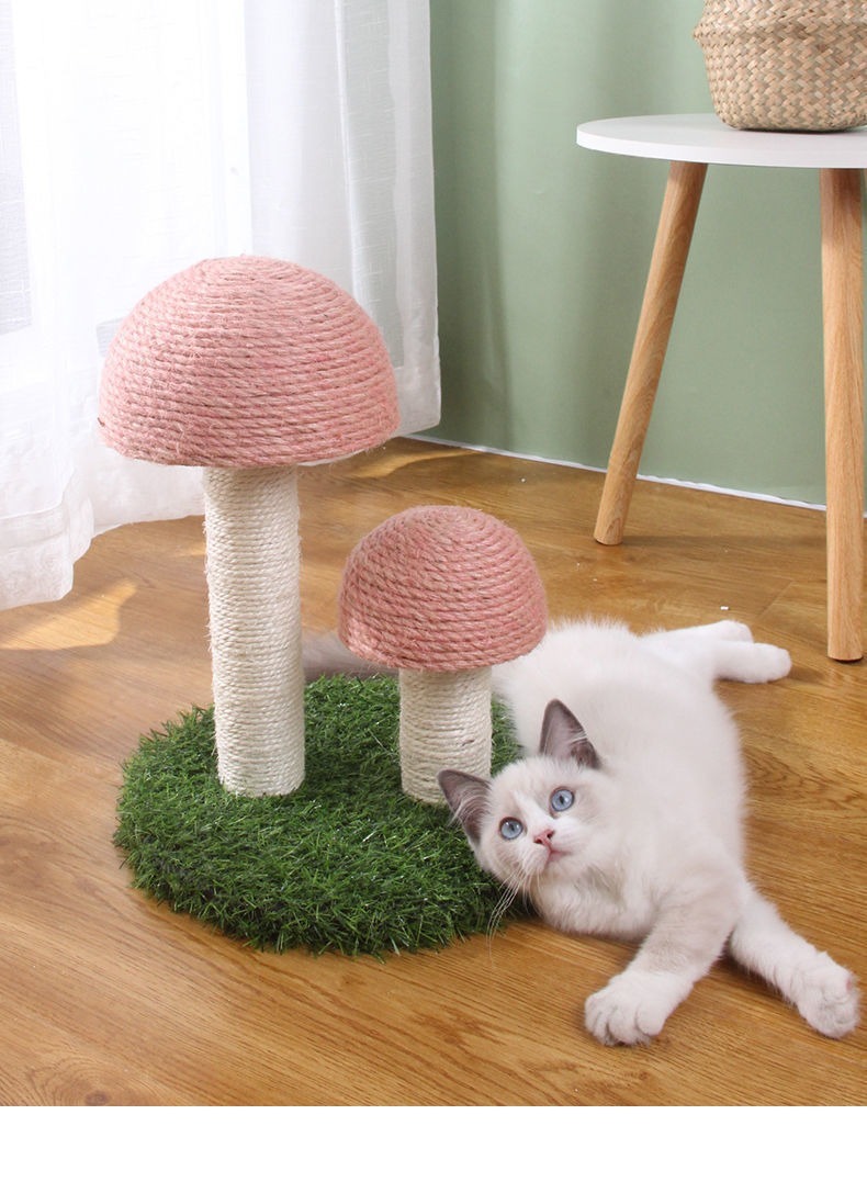 Cute Wood Double Mushroom Cat Scratching Post Sisal Wrapping For Climbing