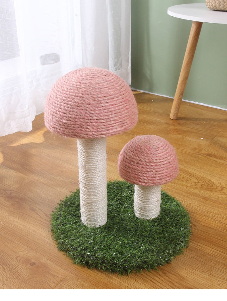 Cute Wood Double Mushroom Cat Scratching Post Sisal Wrapping For Climbing