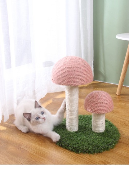 Cute Wood Double Mushroom Cat Scratching Post Sisal Wrapping For Climbing