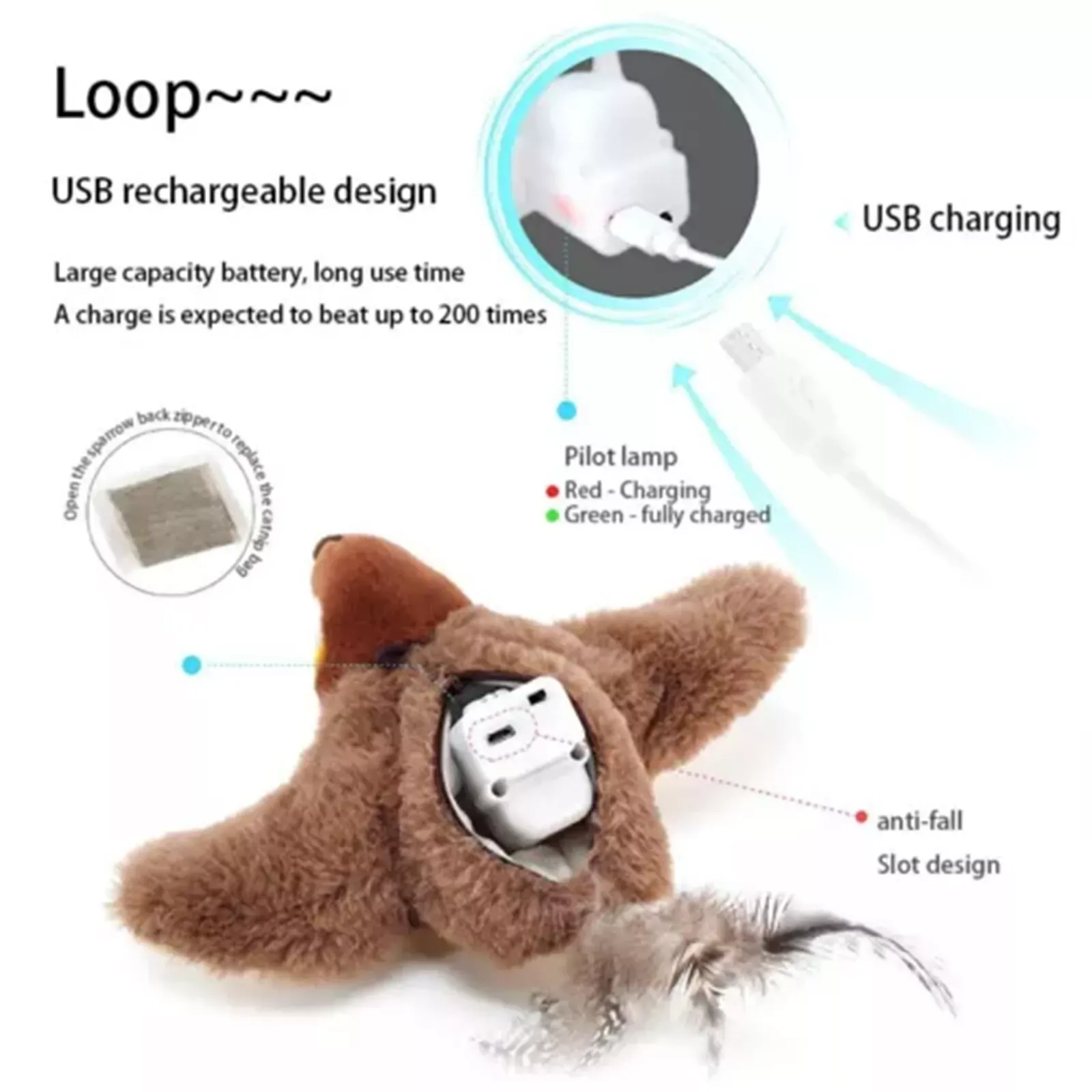 Smart Flapping Wings Sparrow Cat Toy Chirping Toys Touch Activated Rechargeable