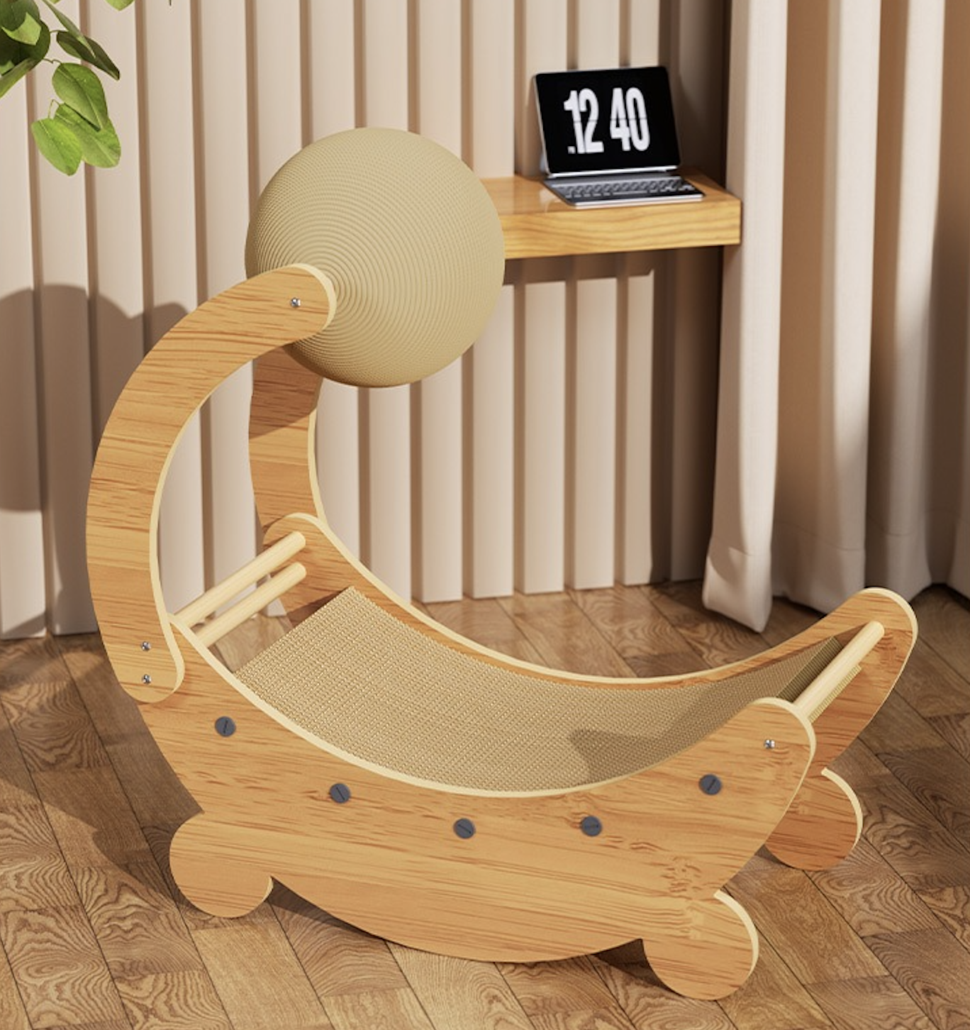 Durable Medium & Large Corrugated Paper Cat Scratching Pad With Ball Moon Shape Wood Stand Replaced