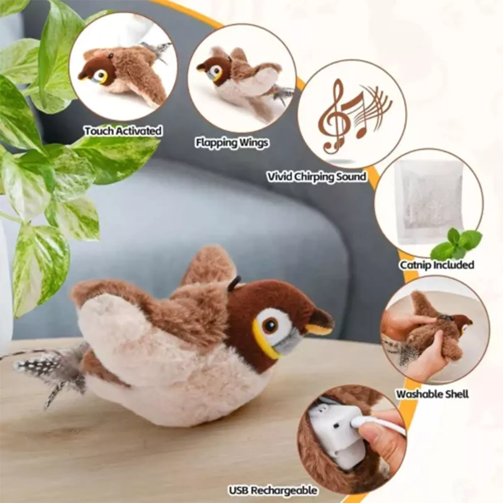 Smart Flapping Wings Sparrow Cat Toy Chirping Toys Touch Activated Rechargeable