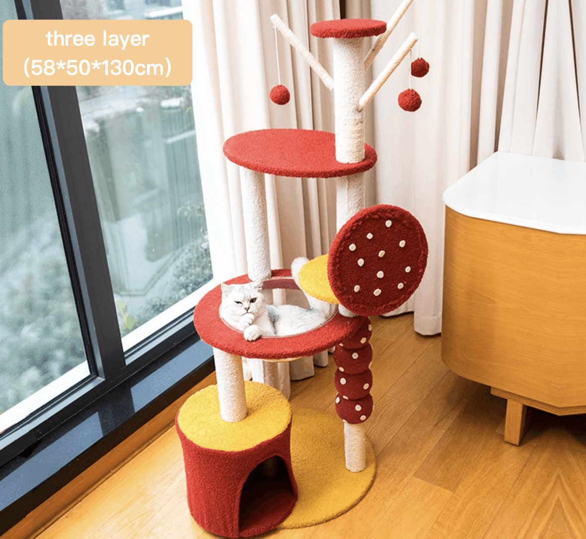 Novelty Style Candied Haws On A Stick Multi Layers Sisal Cat Tree With Hanging Ball Space Capsule Nest Cat House