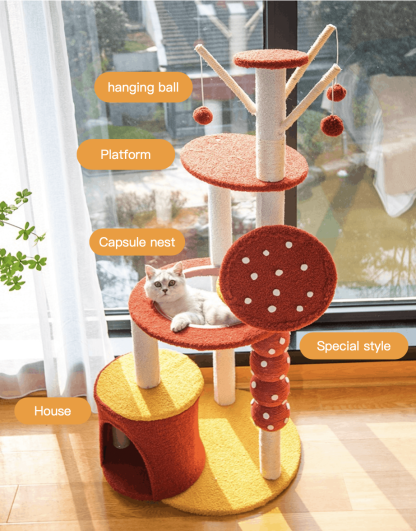 Novelty Style Candied Haws On A Stick Multi Layers Sisal Cat Tree With Hanging Ball Space Capsule Nest Cat House