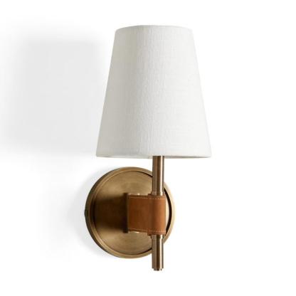 Elegant Mid-Century Modern Brass & Leather Wall Sconce with Linen Shade