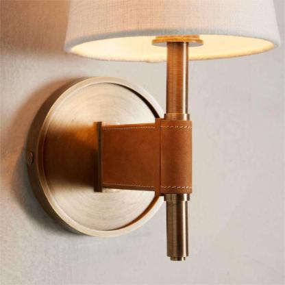 Elegant Mid-Century Modern Brass & Leather Wall Sconce with Linen Shade
