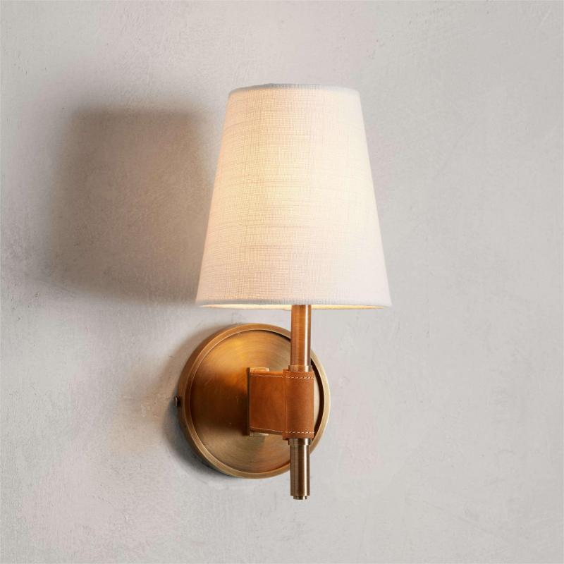 Elegant Mid-Century Modern Brass & Leather Wall Sconce with Linen Shade