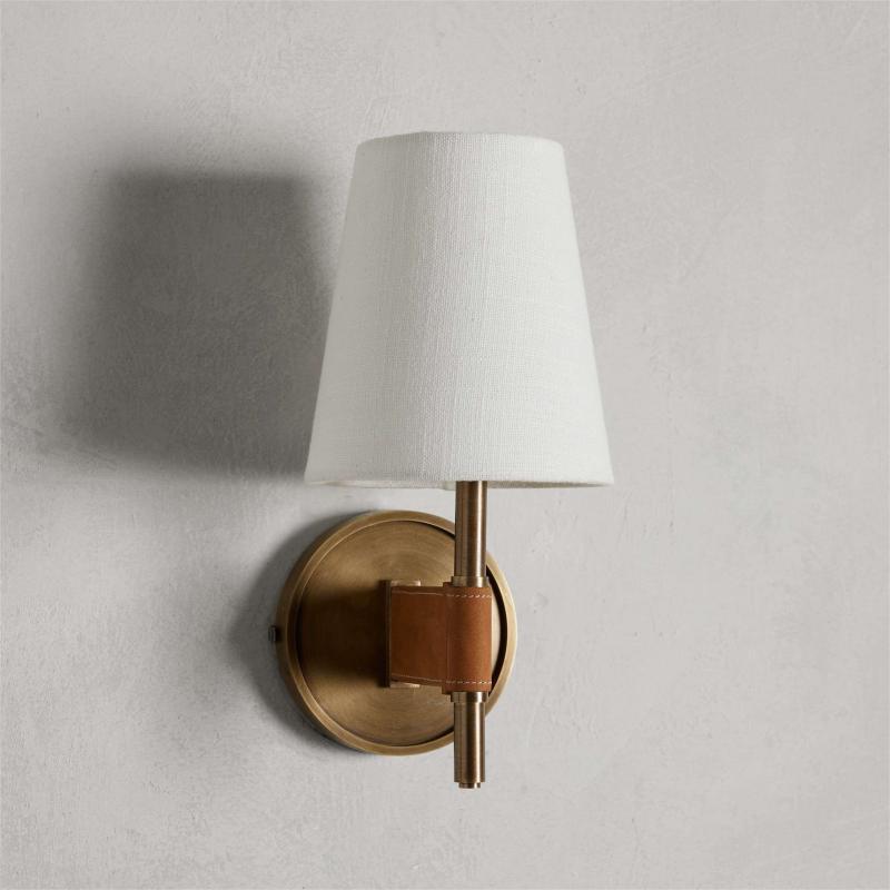 Elegant Mid-Century Modern Brass & Leather Wall Sconce with Linen Shade