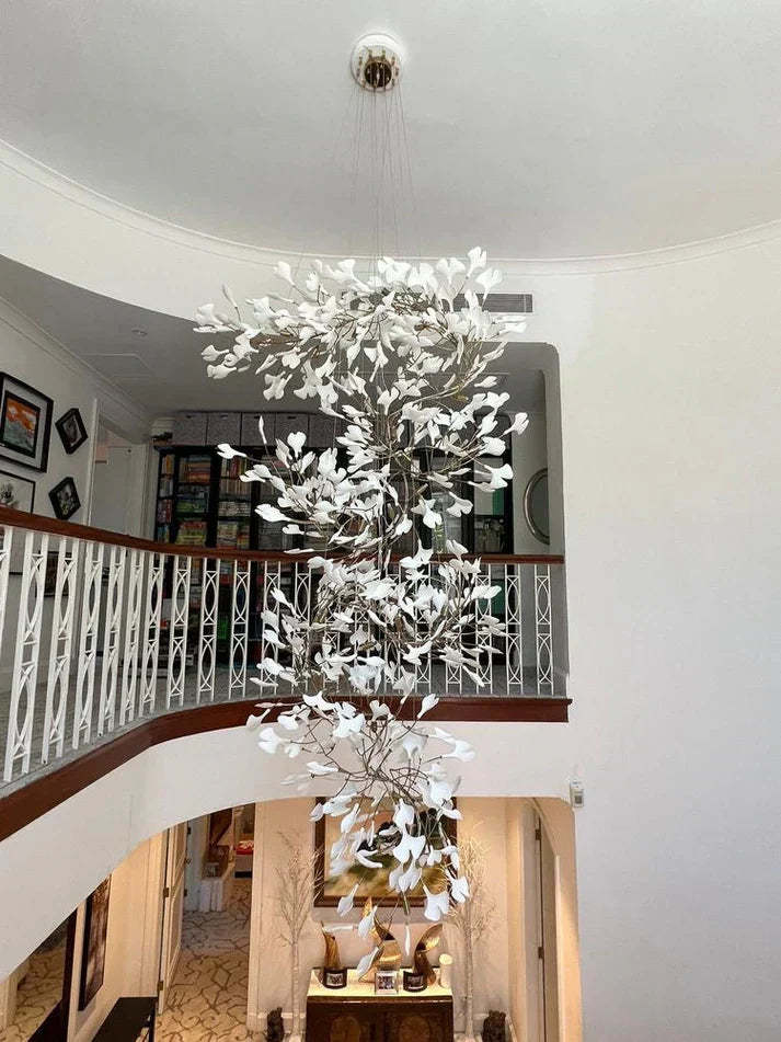 Artistic Tree Branch Pendant Light with Ceramic Ginkgo Leaves