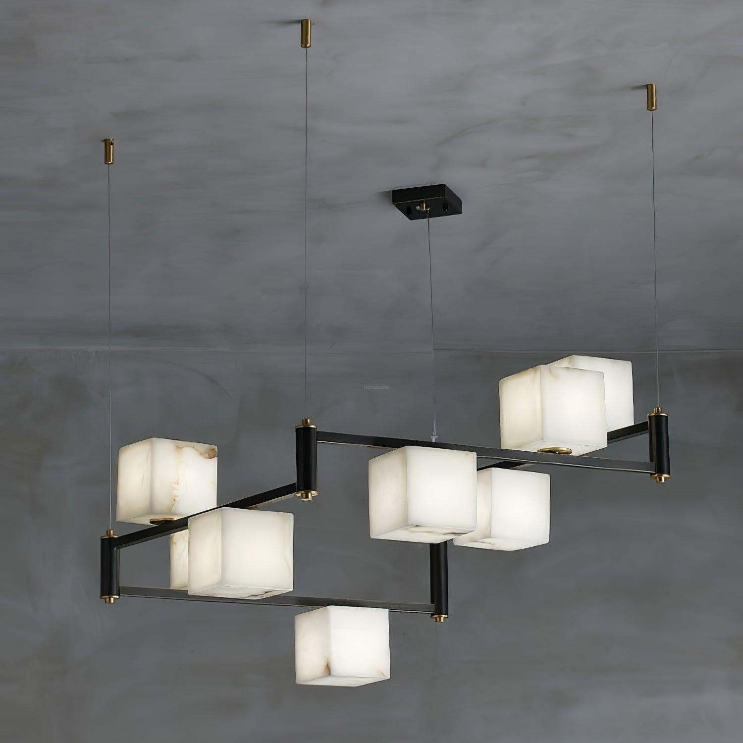 Alabaster Square Box Chandelier with 4/5/6/8/9 heads-8 Heads L 36.6" x W 36.6" x H 17.7" / L 93cm x W 93cm x H 45cm-Brass & Black & White-winglightingus