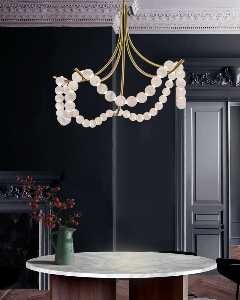 Cluster String Alabaster Beads Semi Flush Chandelier in Brass & Black Metal Rod - D117*H92CM/D46"*H36"Warm Light (3000K)Brasswinglightingus