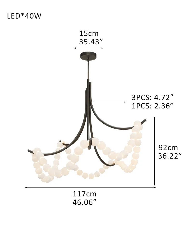 Cluster String Alabaster Beads Semi Flush Chandelier in Brass & Black Metal Rod - D117*H92CM/D46"*H36"Warm Light (3000K)Brasswinglightingus