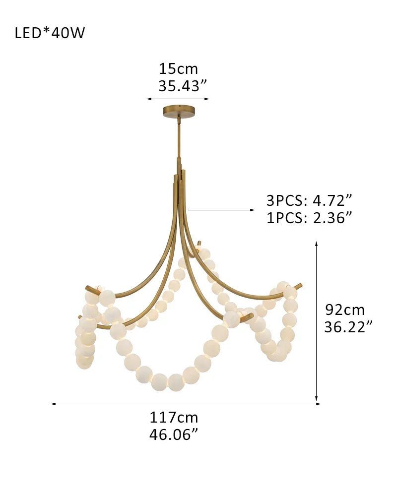 Cluster String Alabaster Beads Semi Flush Chandelier in Brass & Black Metal Rod - D117*H92CM/D46"*H36"Warm Light (3000K)Brasswinglightingus