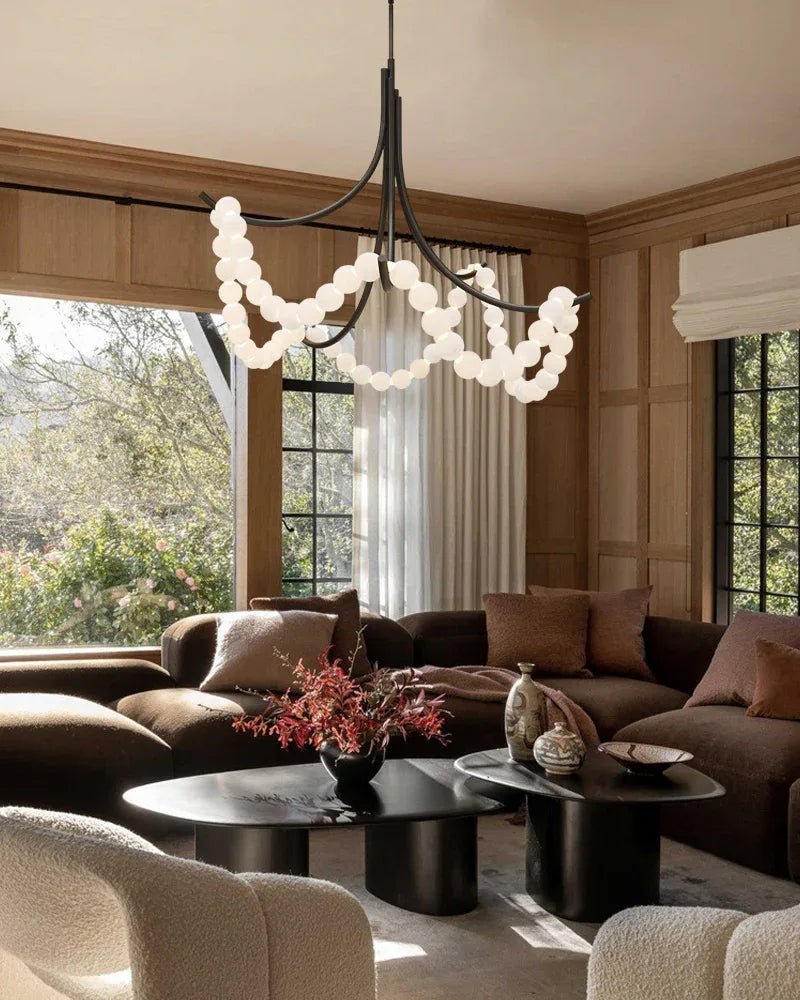 Cluster String Alabaster Beads Semi Flush Chandelier in Brass & Black Metal Rod - D117*H92CM/D46"*H36"Cool Light (6000K)Brasswinglightingus